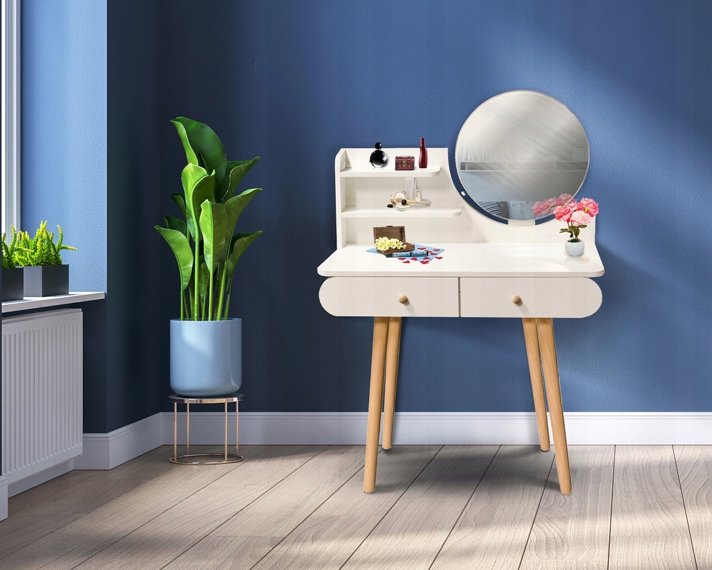 Houten kaptafel wit met spiegel en lades - 122x80x40 cm