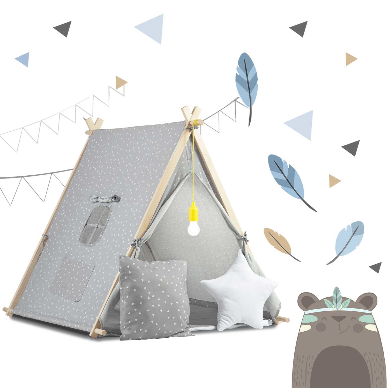 Speeltent - met Lamp en kussens - Grijs
