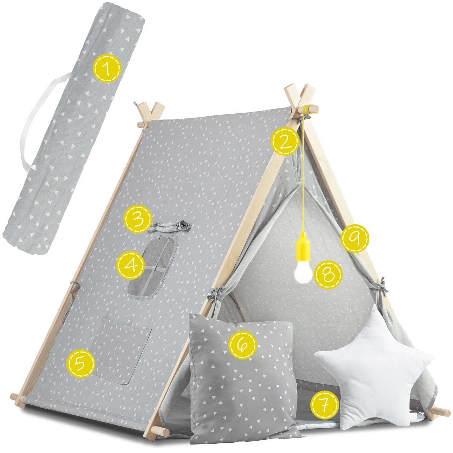 Speeltent - met Lamp en kussens - Grijs