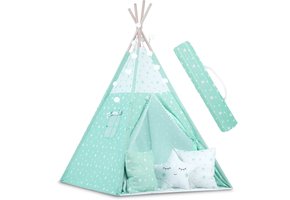 Tipi tent - Speeltent - Mint & sterren - met Kussens en Lampjes
