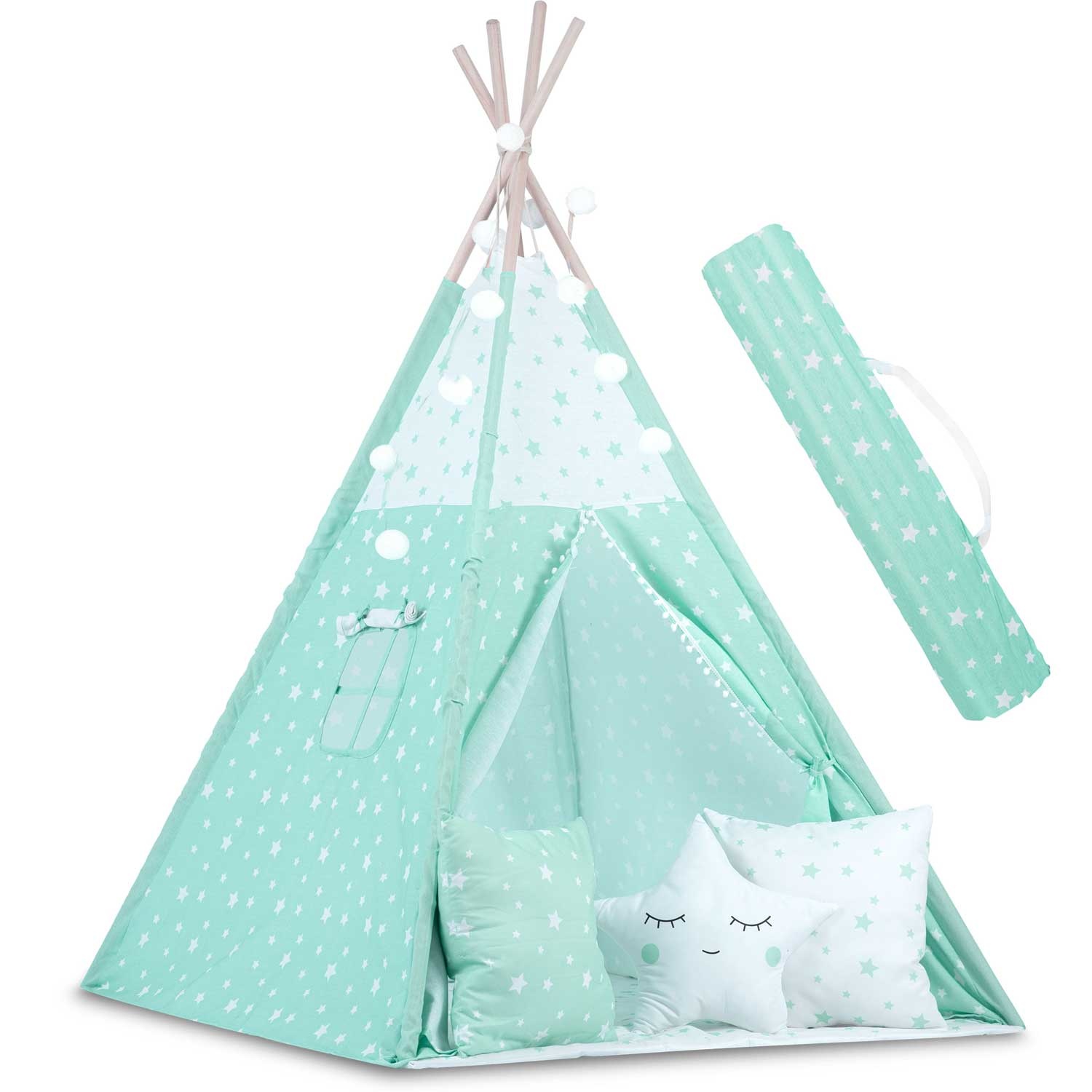 Tipi tent - Speeltent - Mint & sterren - met Kussens en Lampjes