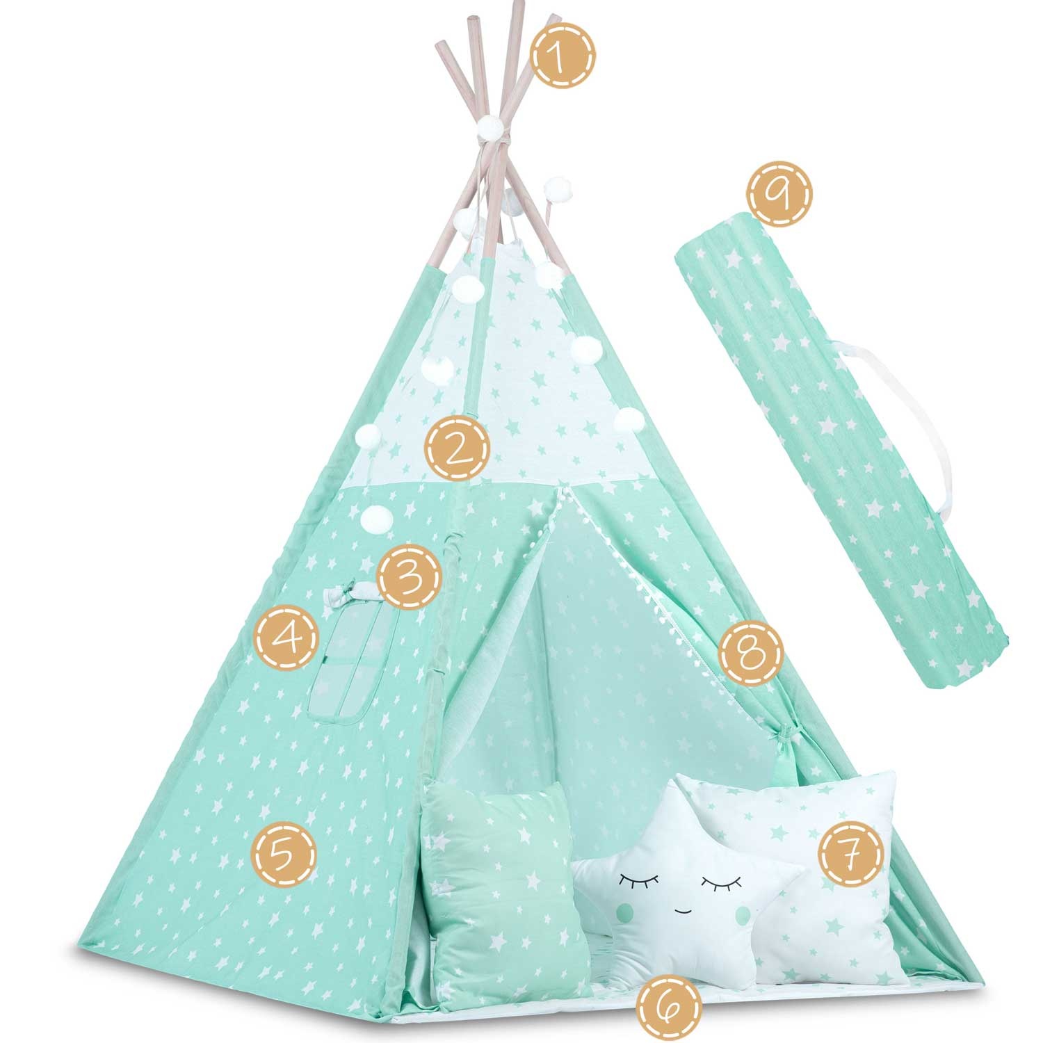 Tipi tent - Speeltent - Mint & sterren - met Kussens en Lampjes