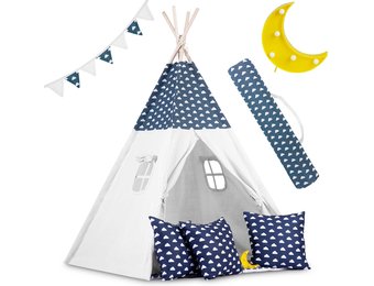 Tipi tent - Speeltent - Blauw & wolken - met Kussens en Lampjes