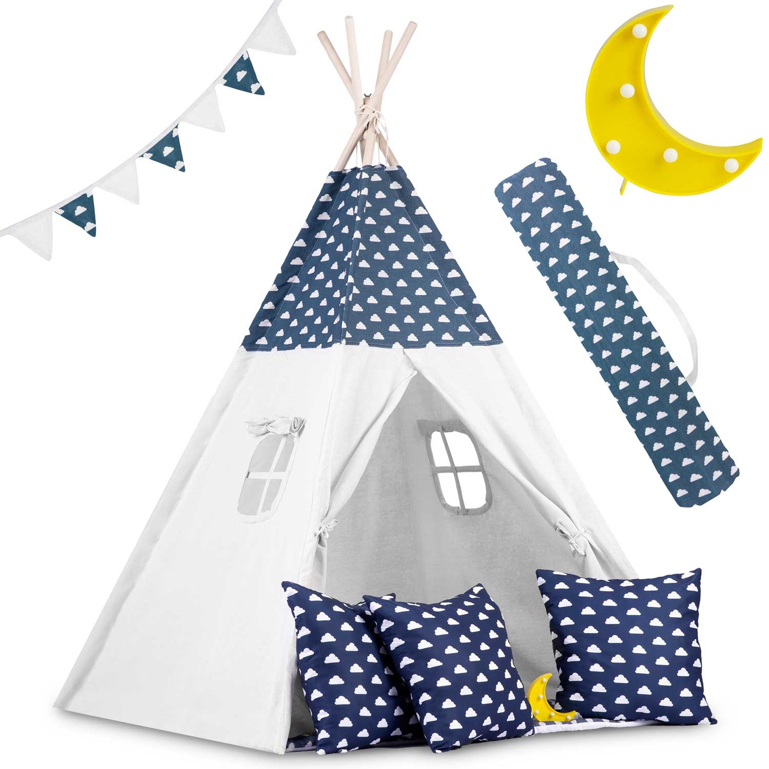 Tipi tent - Speeltent - Blauw & wolken - met Kussens en Lampjes