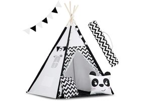 Tipi tent - Speeltent - Zwart en wit - met Kussens en Lampjes
