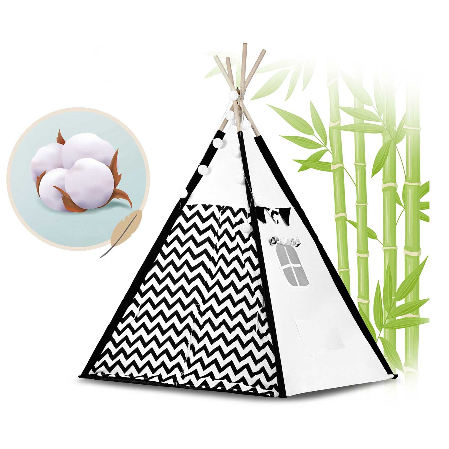 Tipi tent - Speeltent - Zwart en wit - met Kussens en Lampjes