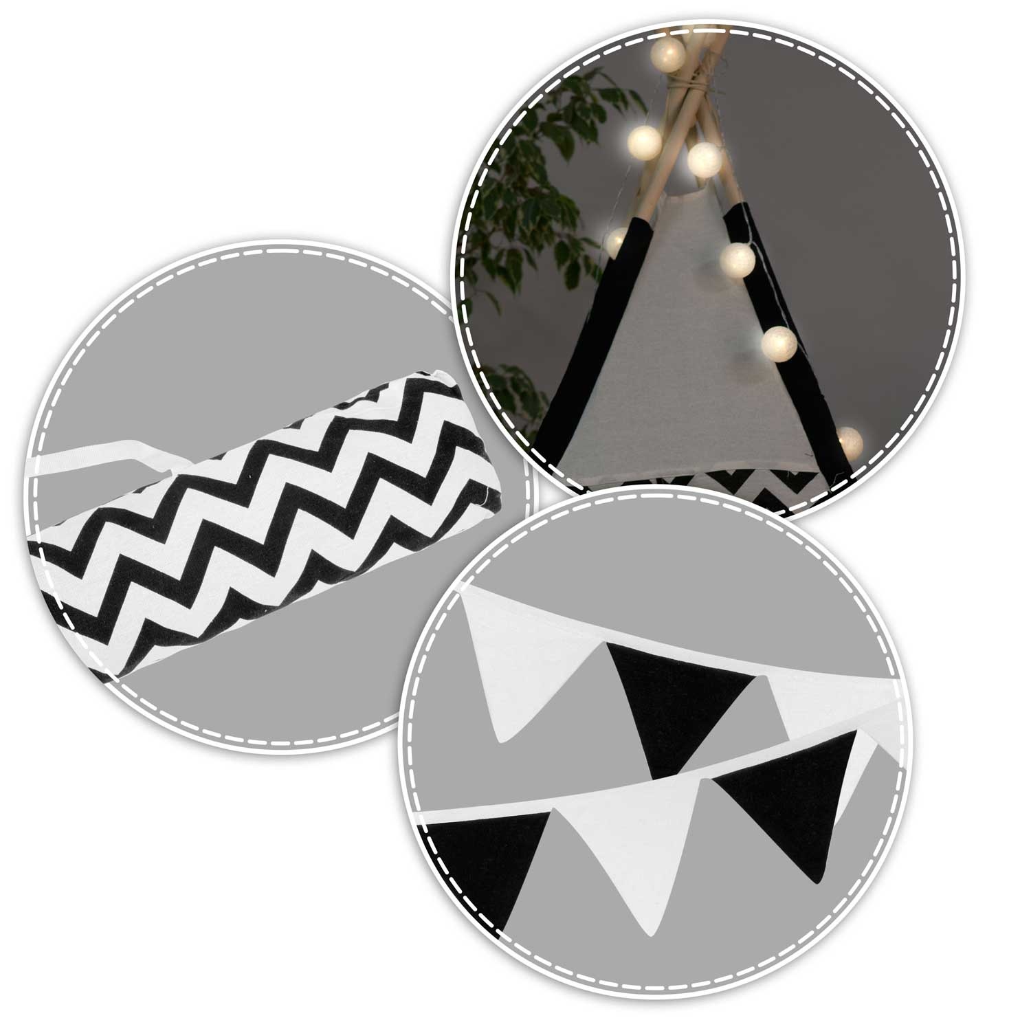 Tipi tent - Speeltent - Zwart en wit - met Kussens en Lampjes