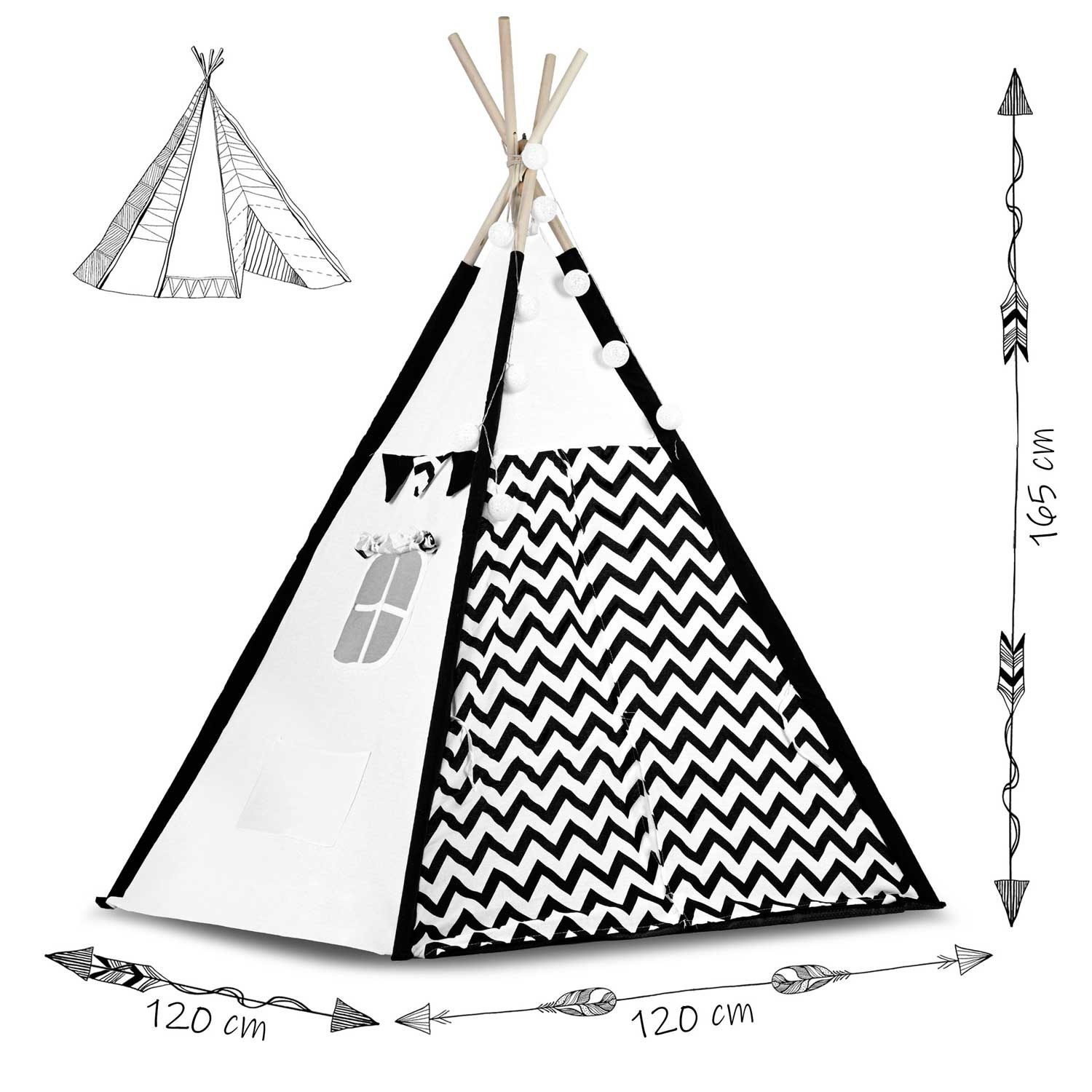 Tipi tent - Speeltent - Zwart en wit - met Kussens en Lampjes