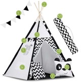 Tipi tent - Speeltent - Zwart en wit - met Kussens en Lampjes