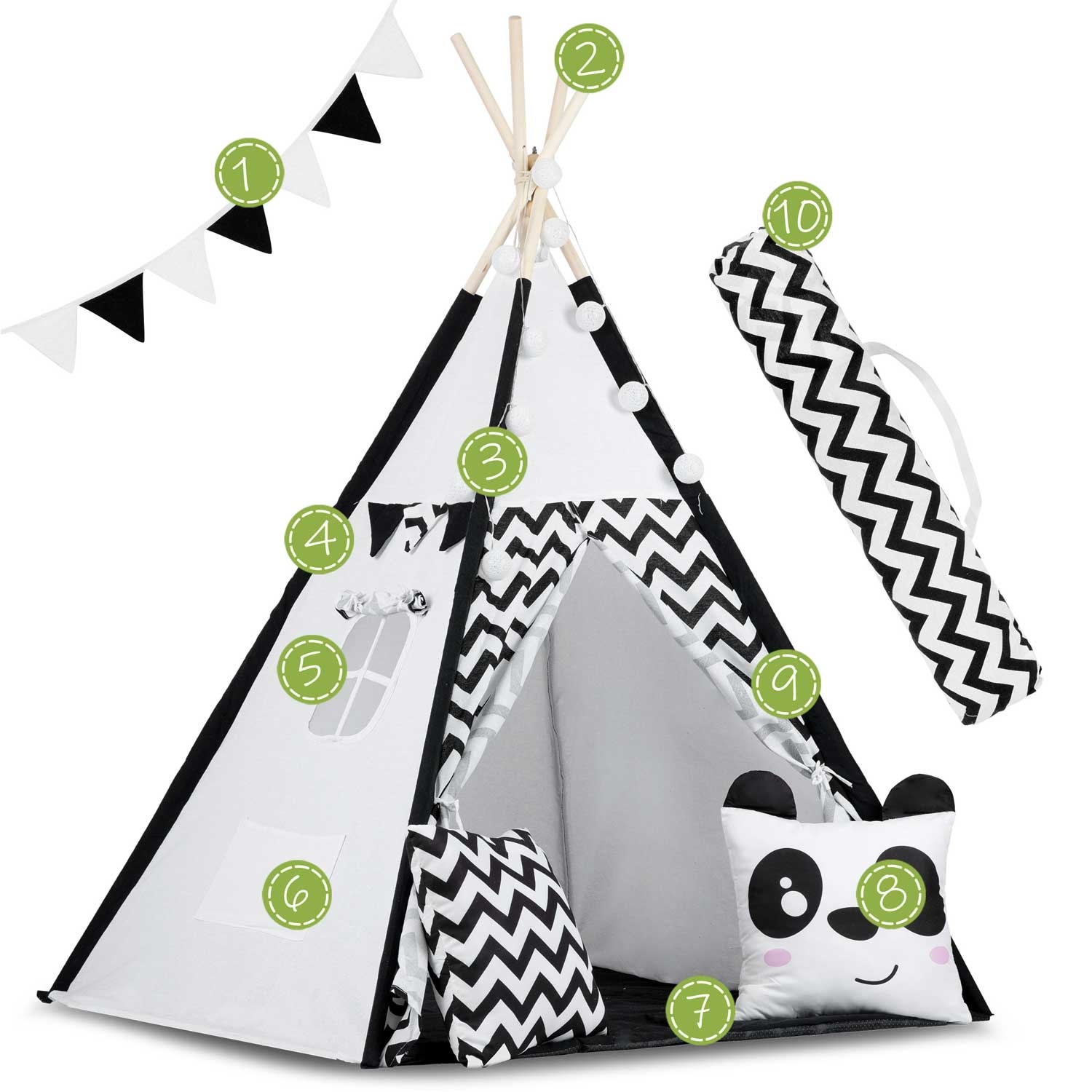 Tipi tent - Speeltent - Zwart en wit - met Kussens en Lampjes