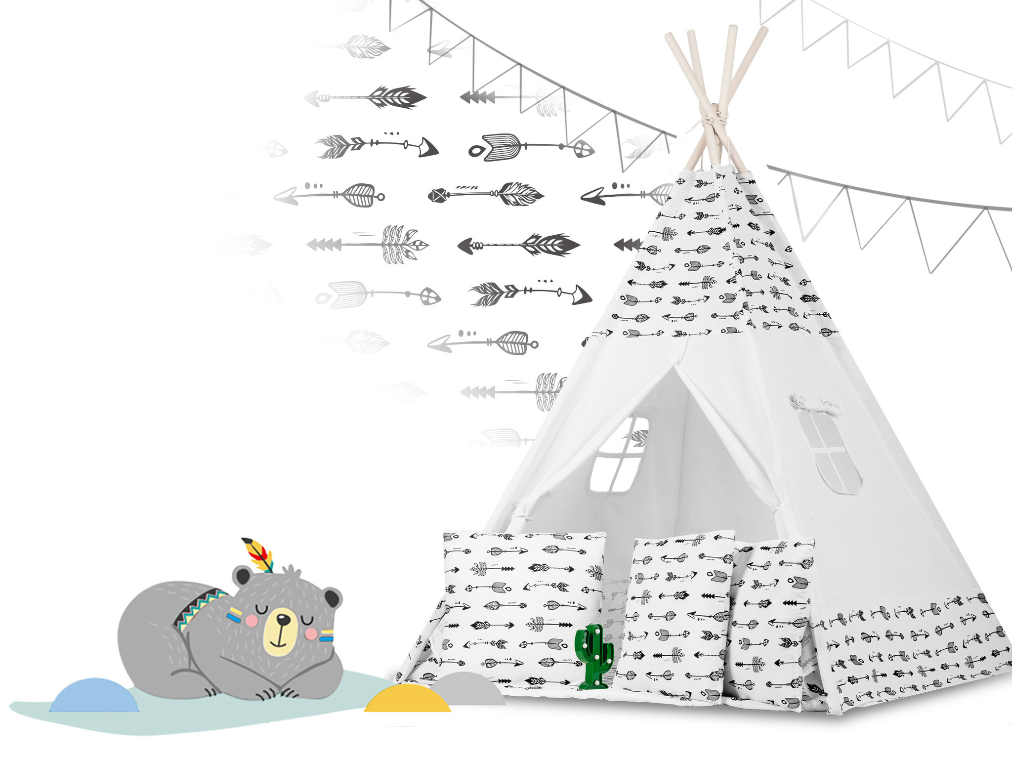 Tipi tent - Speeltent - Wit & pijlen - met Kussens en Lampjes