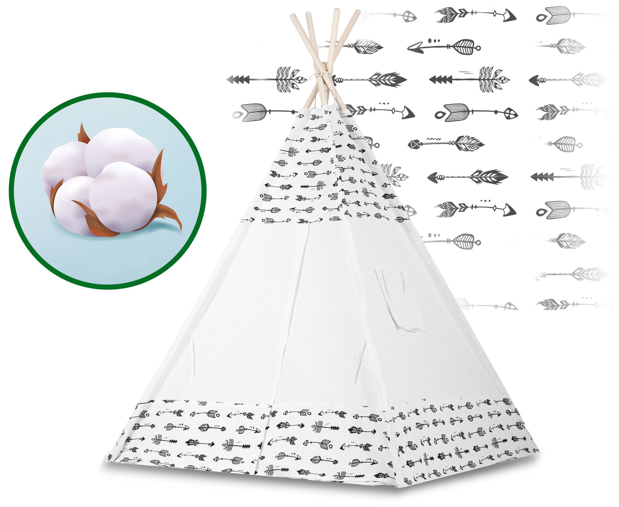 Tipi tent - Speeltent - Wit & pijlen - met Kussens en Lampjes