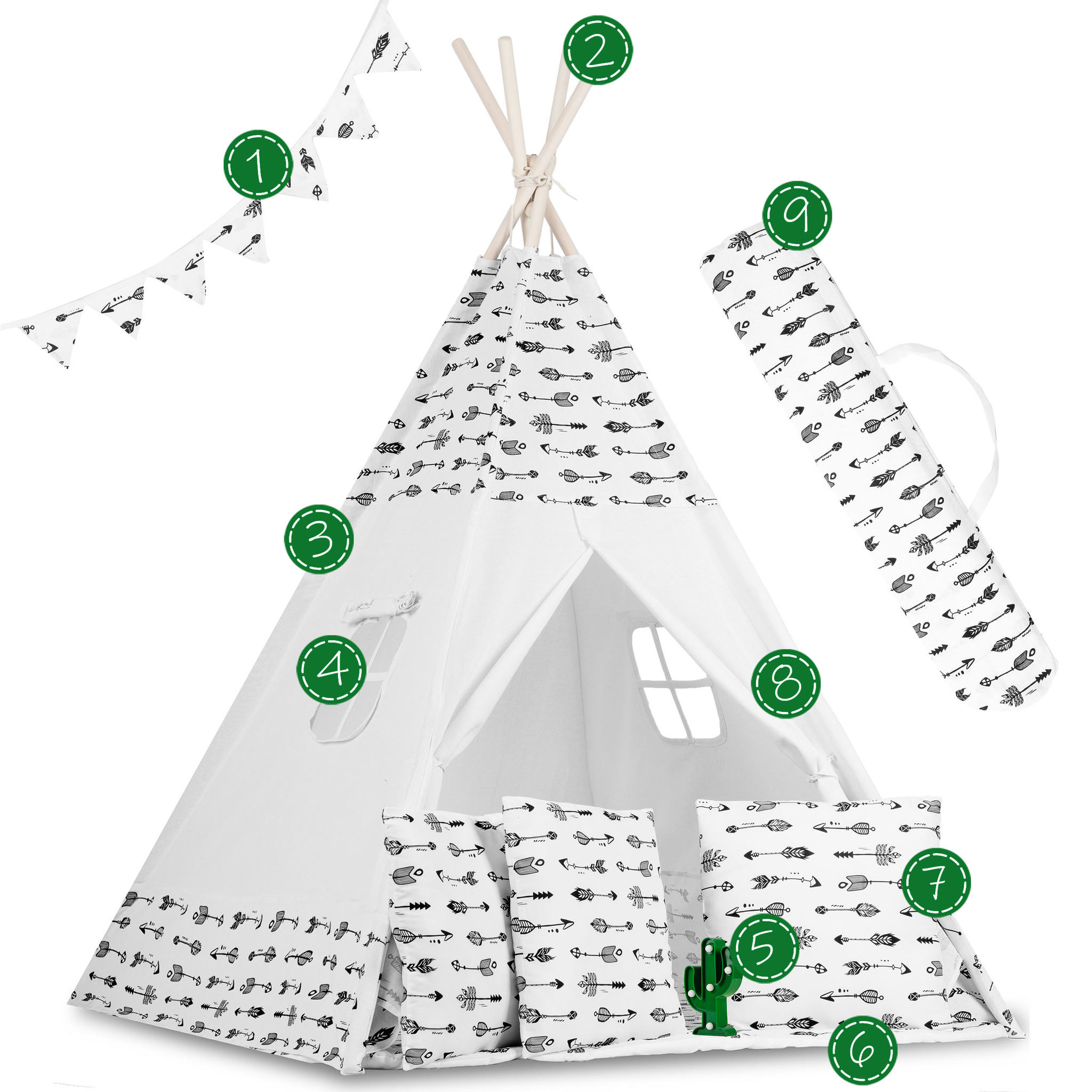 Tipi tent - Speeltent - Wit & pijlen - met Kussens en Lampjes