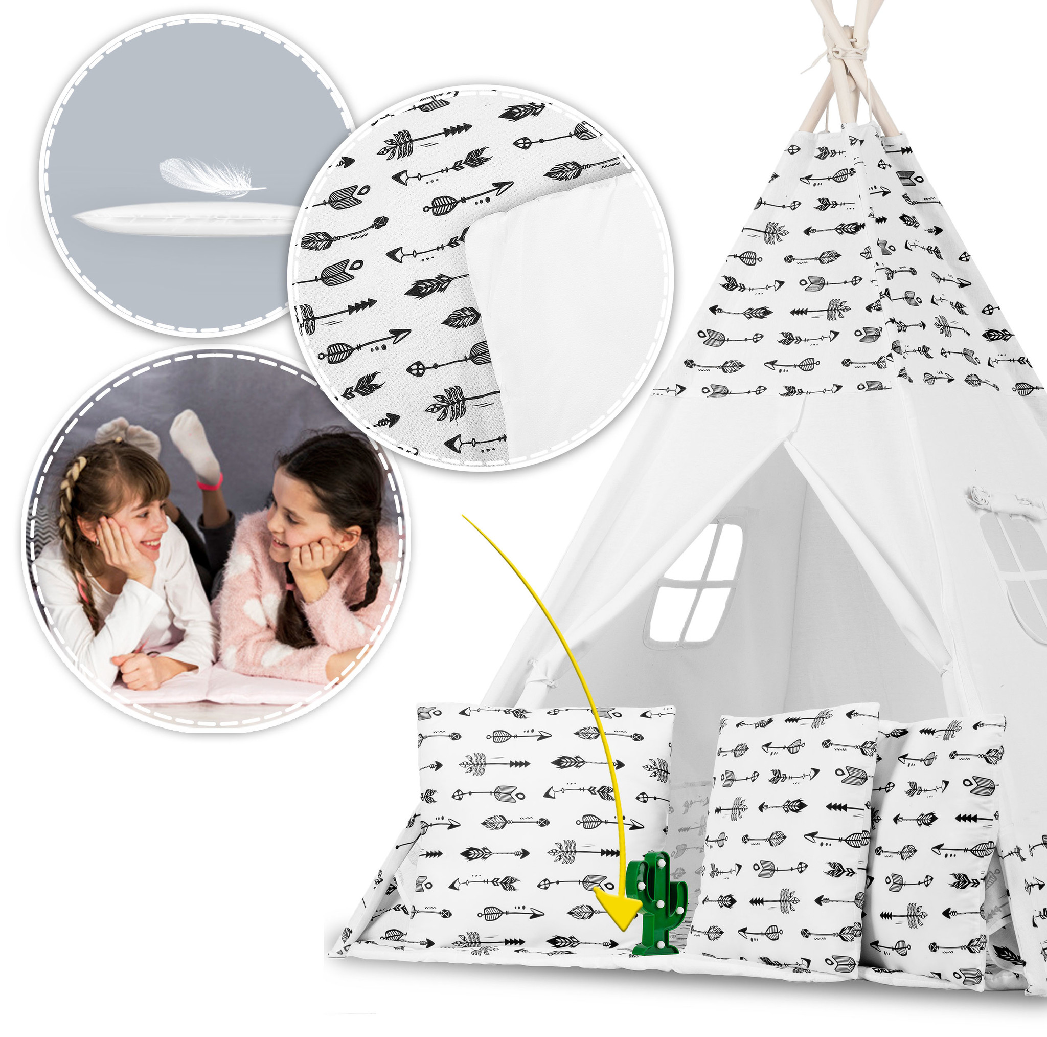 Tipi tent - Speeltent - Wit & pijlen - met Kussens en Lampjes