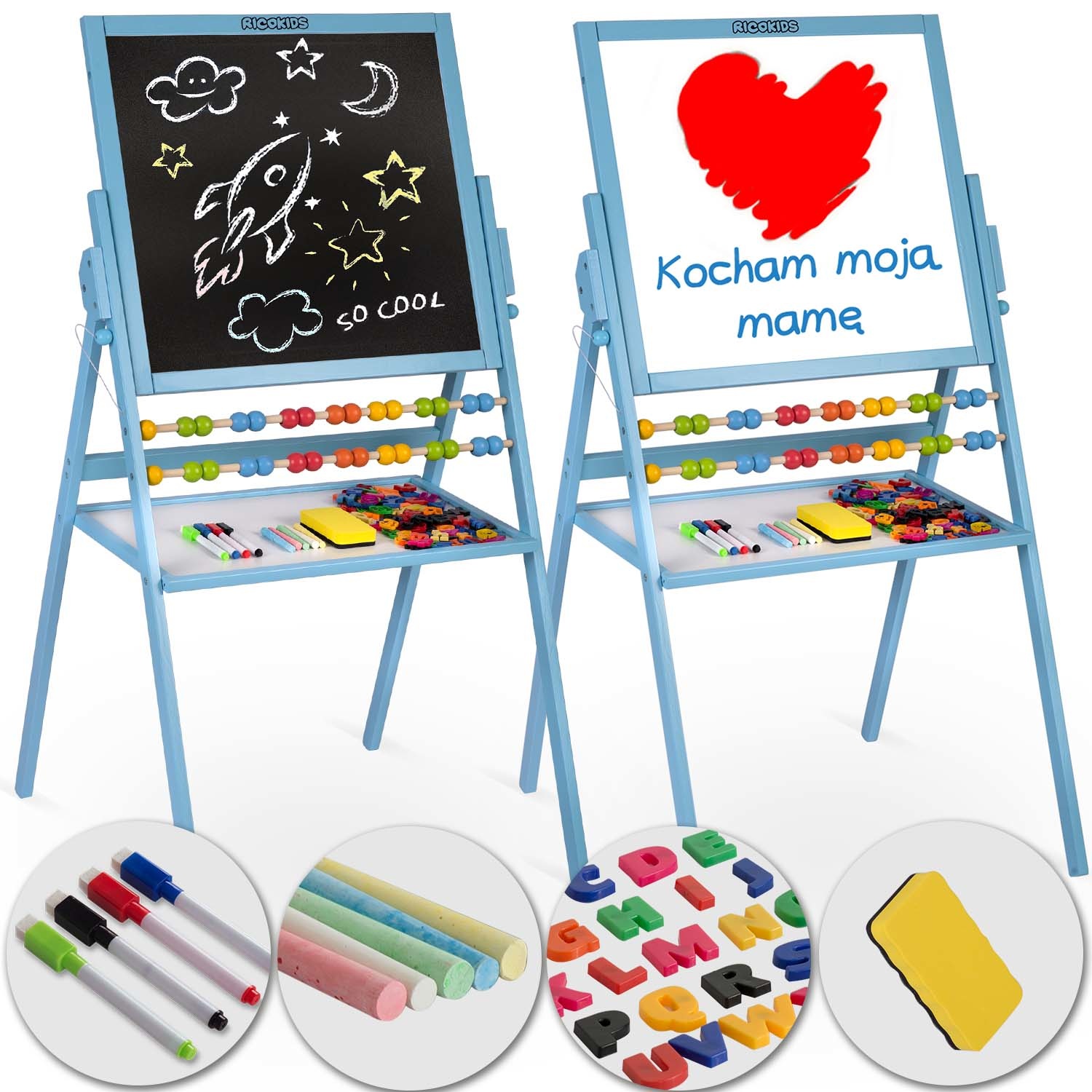 Krijtbord en Magnetisch tekenbord - met accessoires - Blauw