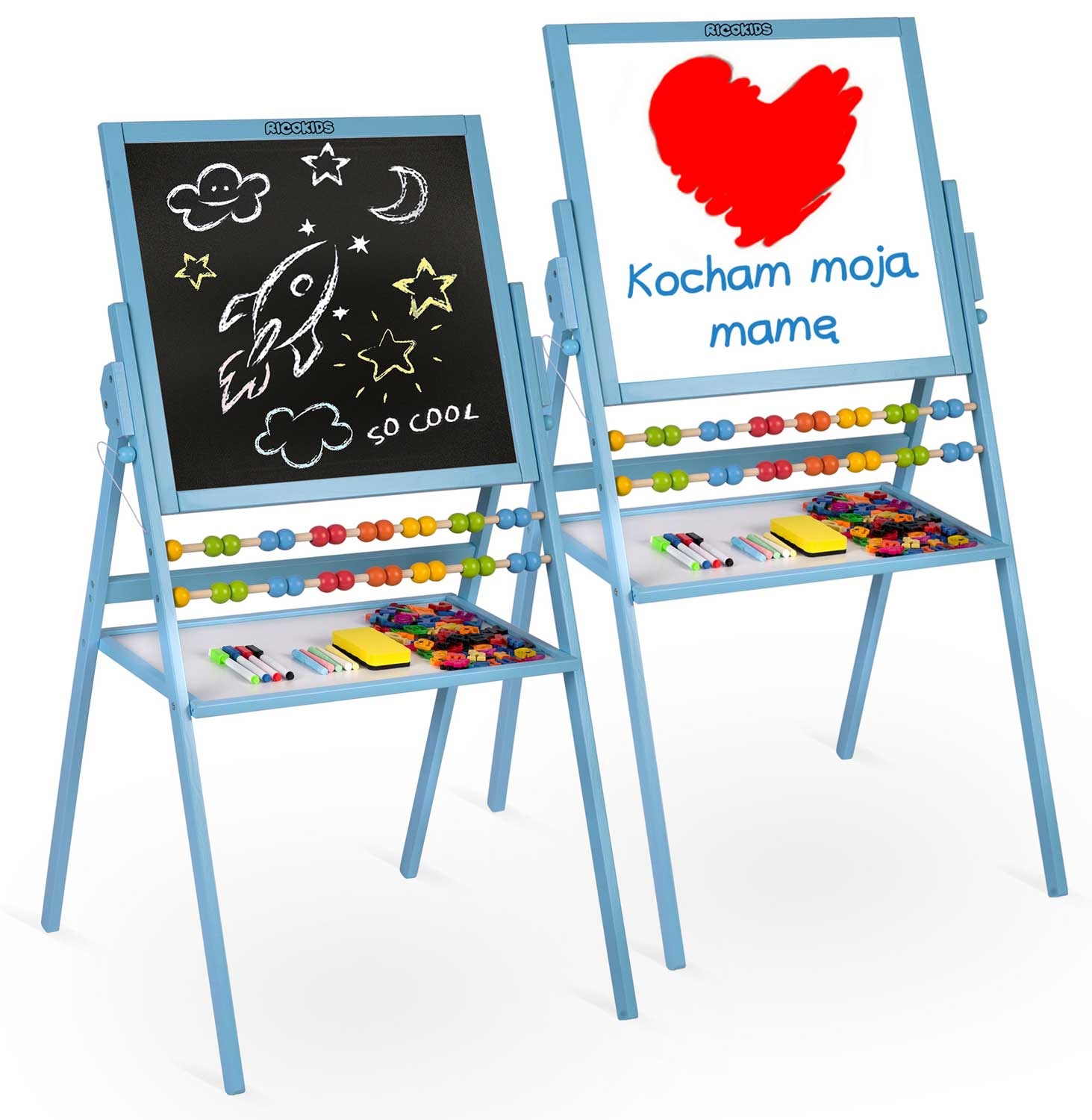 Krijtbord en Magnetisch tekenbord - met accessoires - Blauw