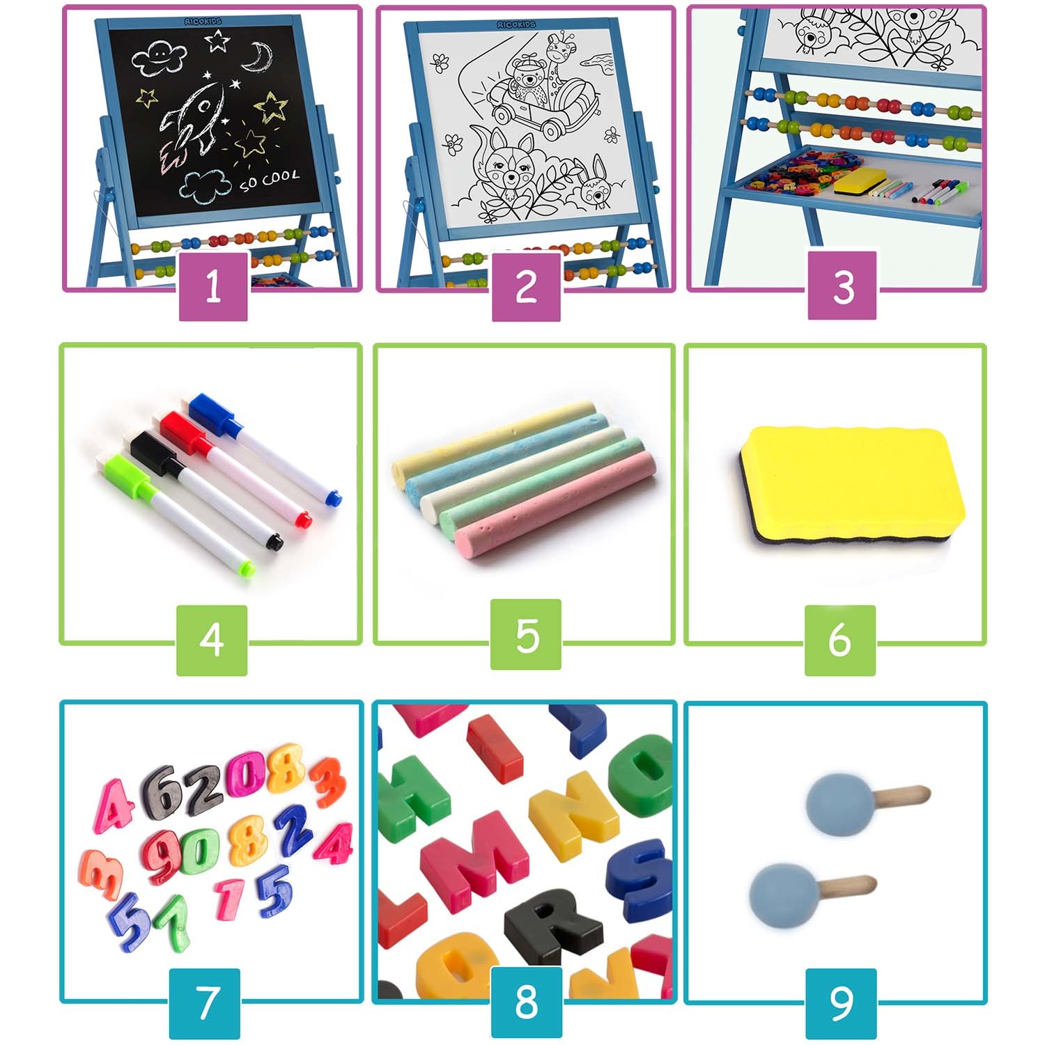 Krijtbord en Magnetisch tekenbord - met accessoires - Blauw
