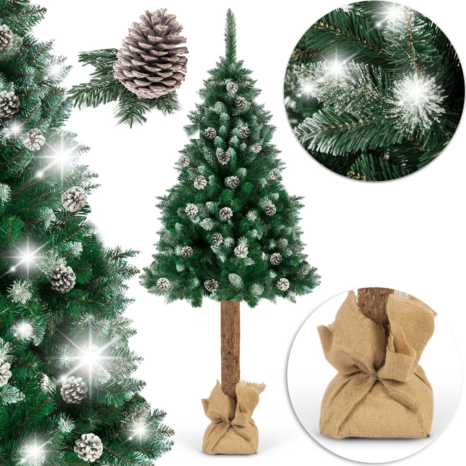 Kunstkerstboom - 180 cm - op houten stam - met Dennenappels