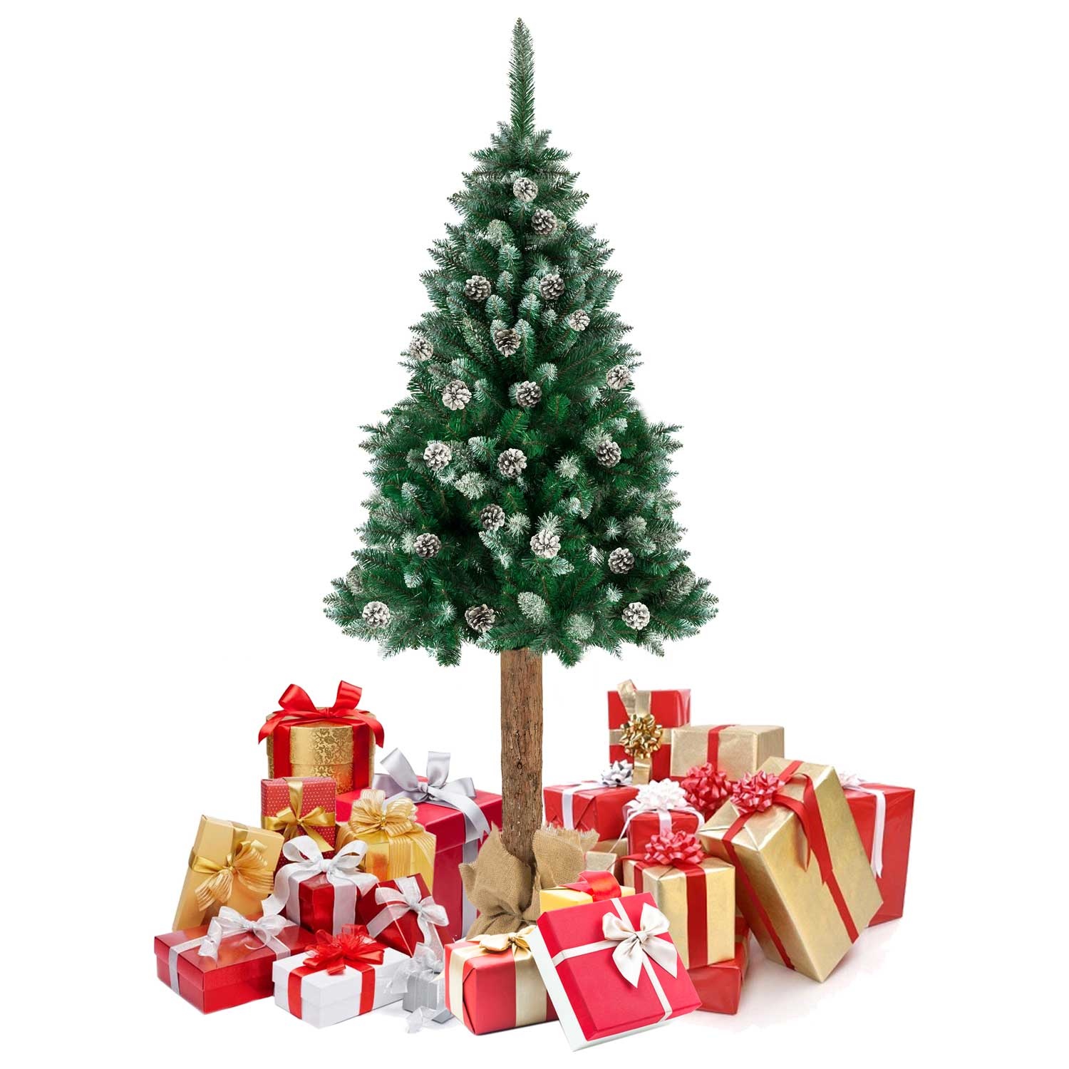 Kunstkerstboom - 180 cm - op houten stam - met Dennenappels
