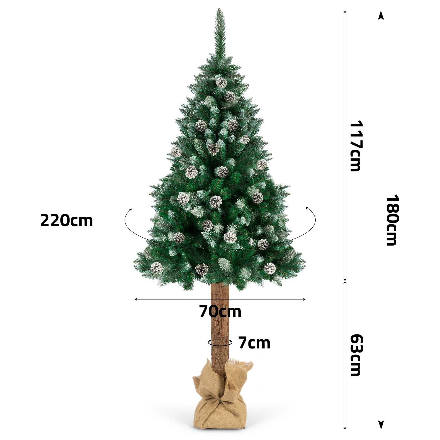 Kunstkerstboom - 180 cm - op houten stam - met Dennenappels