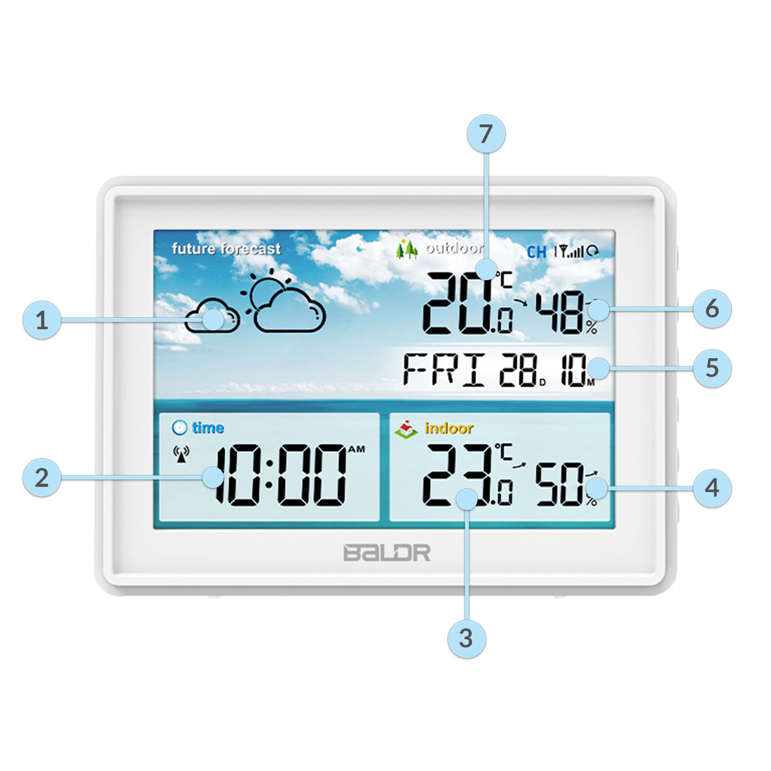 Weerstation - Draadloos - met kleuren Display - Wit