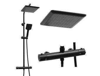 Douchepaneel zwart - met Regendouche 23cm - en Thermostaatkraan