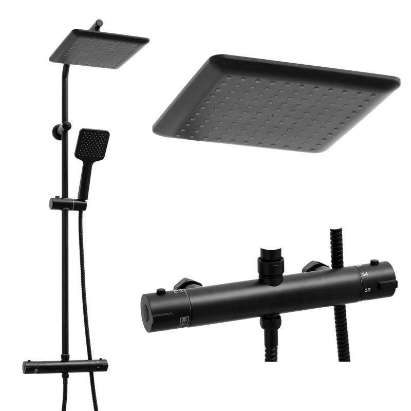 Douchepaneel zwart - met Regendouche 23cm - en Thermostaatkraan