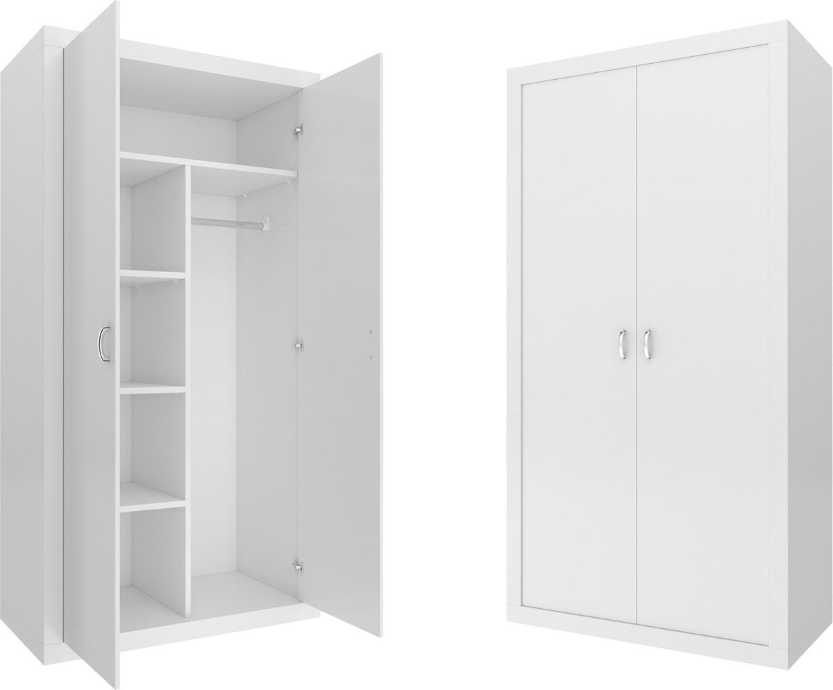 Kledingkast - 90x190x50 cm - wit - 5 schappen - 2 deuren