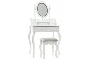 Houten kaptafel wit - LED-verlichte spiegel- met bijpassende kruk - 75x40x145 cm