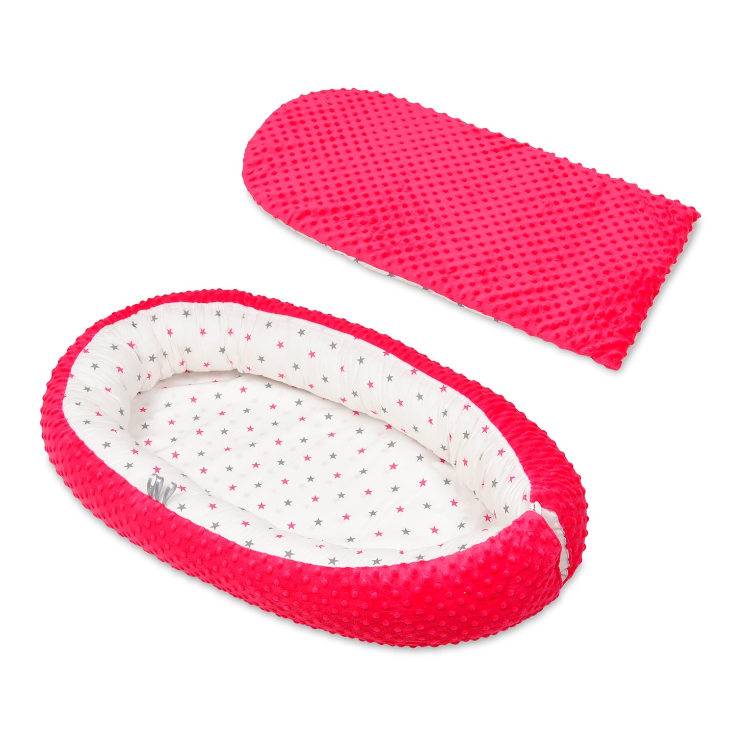 Babynest - baby nestje - 0-8 maanden - 82x54cm - grijze en roze sterren op wit - roze