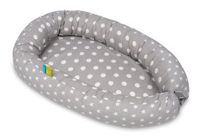 Babynest - baby nestje - 0-8 maanden - 100% katoen - 82x54cm - grijze stippen op grijs – witte sterren – grijs