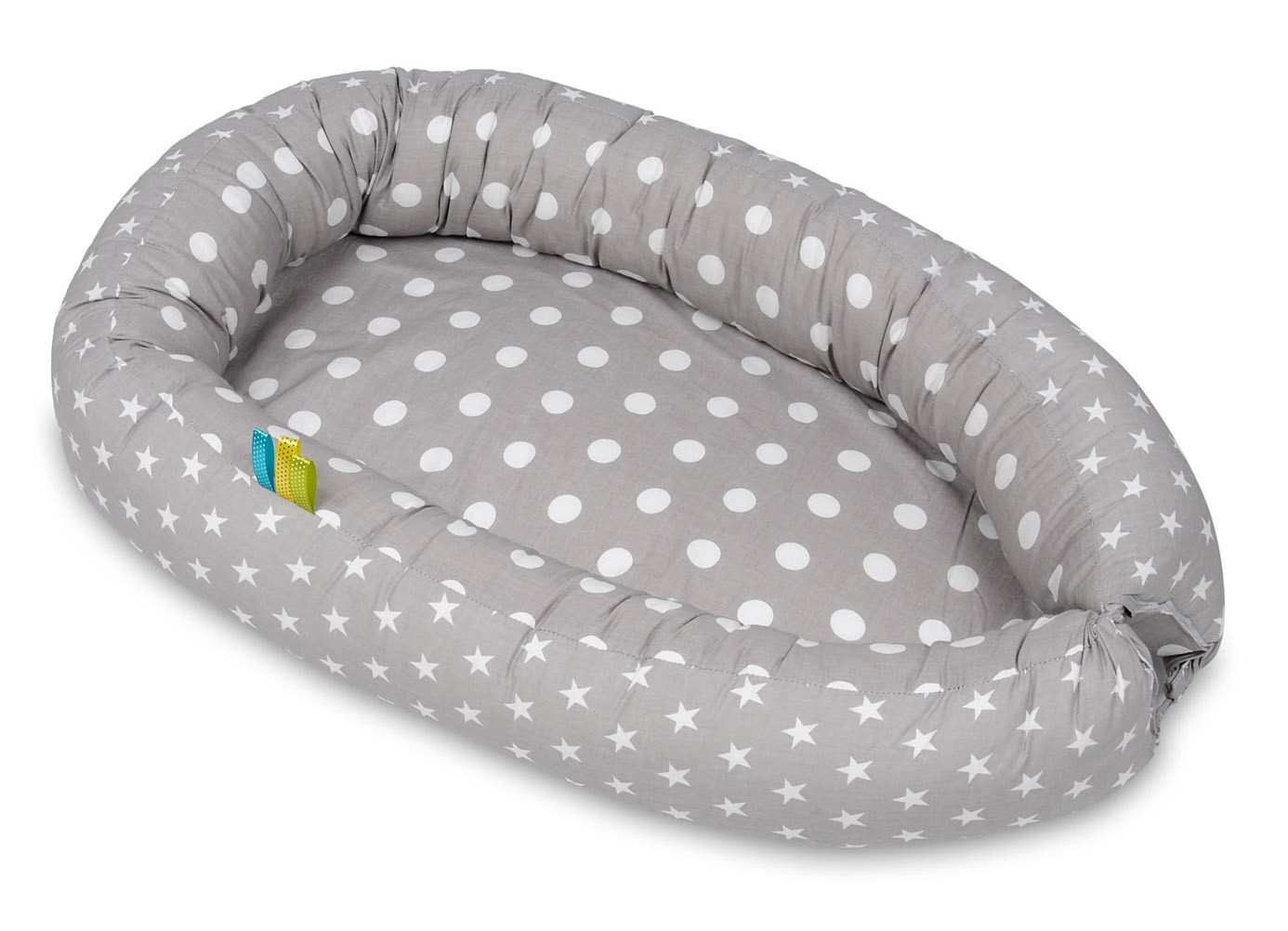 Babynest - baby nestje - 0-8 maanden - 100% katoen - 82x54cm - grijze stippen op grijs – witte sterren – grijs