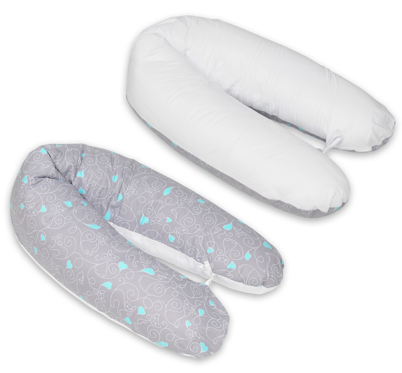 Voedingskussen - Zwangerschapskussen - 100% katoen - met koordjes - 145 cm - katten en harten - wit