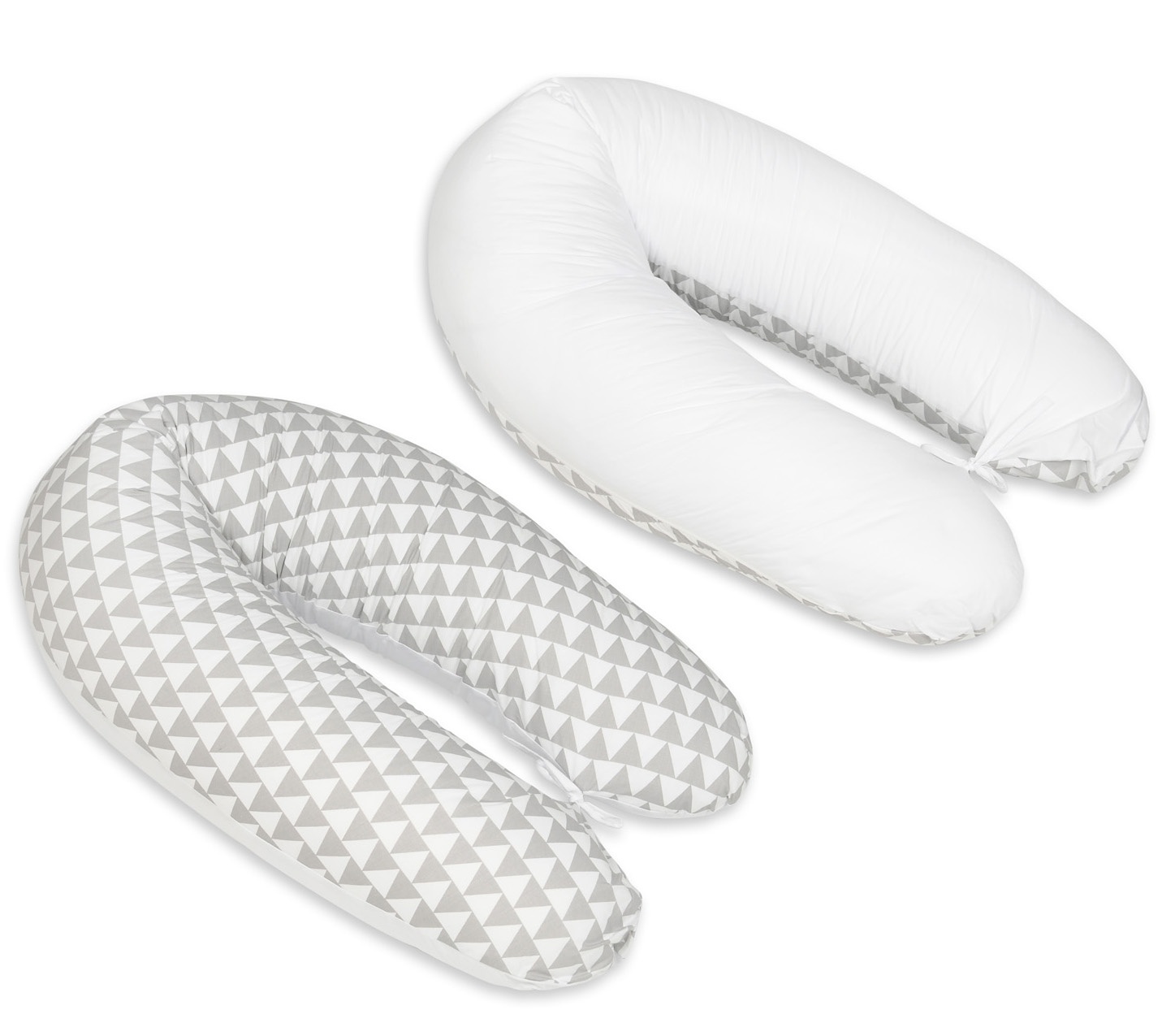 Voedingskussen - Zwangerschapskussen - 100% katoen - met koordjes - 145 cm - wit/grijze driehoeken - wit