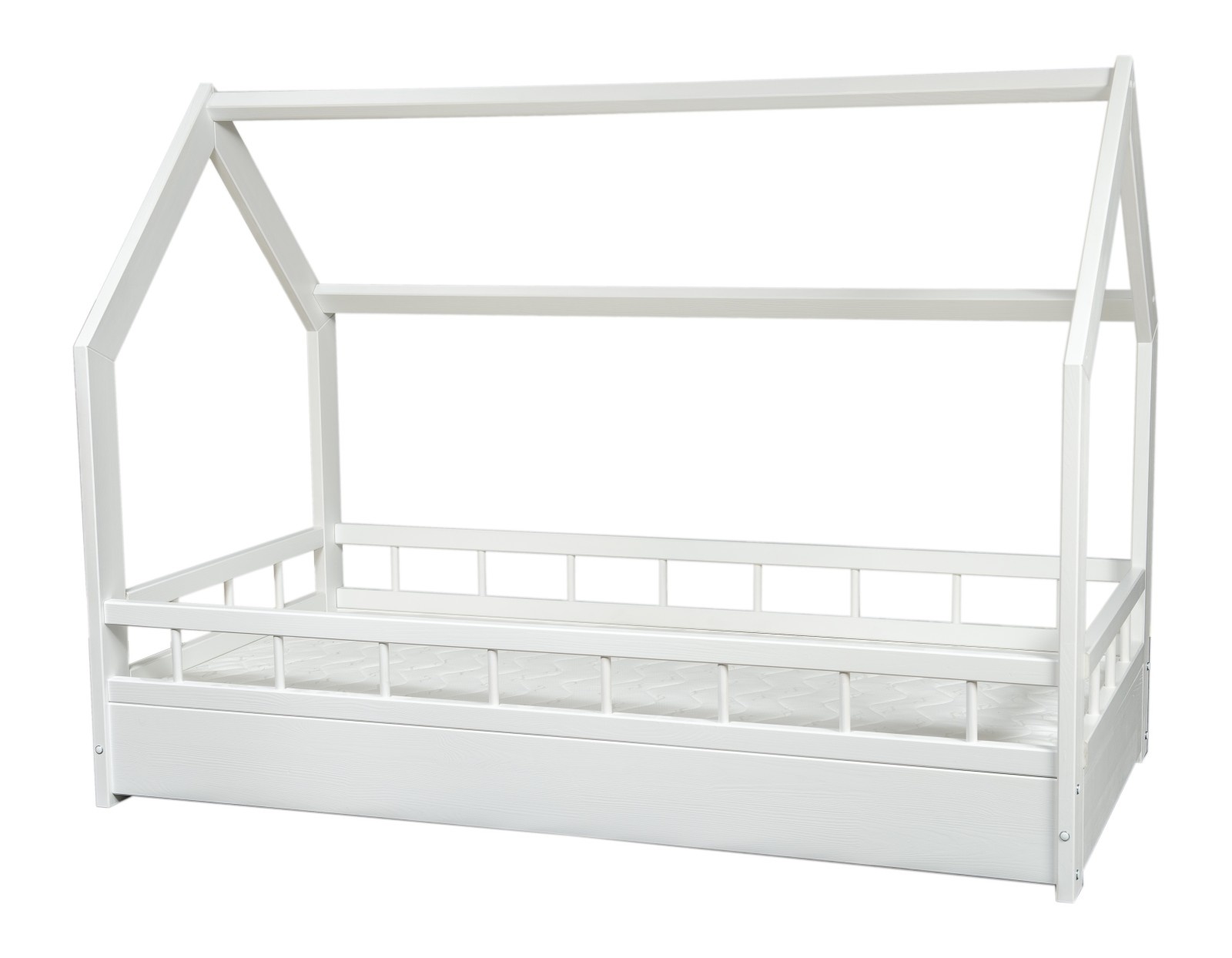 Houten kinderbed - huisbed - incl. ECO matras - 160x80 - met barrierres - wit
