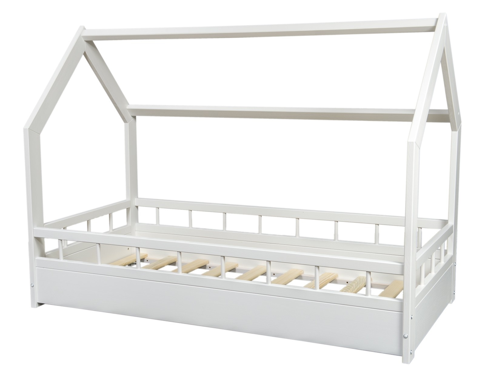 Houten kinderbed - huisbed - incl. ECO matras - 160x80 - met barrierres - wit
