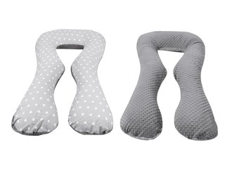 Voedingskussen - zijslaapkussen - minky stof en katoen - "U" vorm - grijze en roze sterren op wit - roze