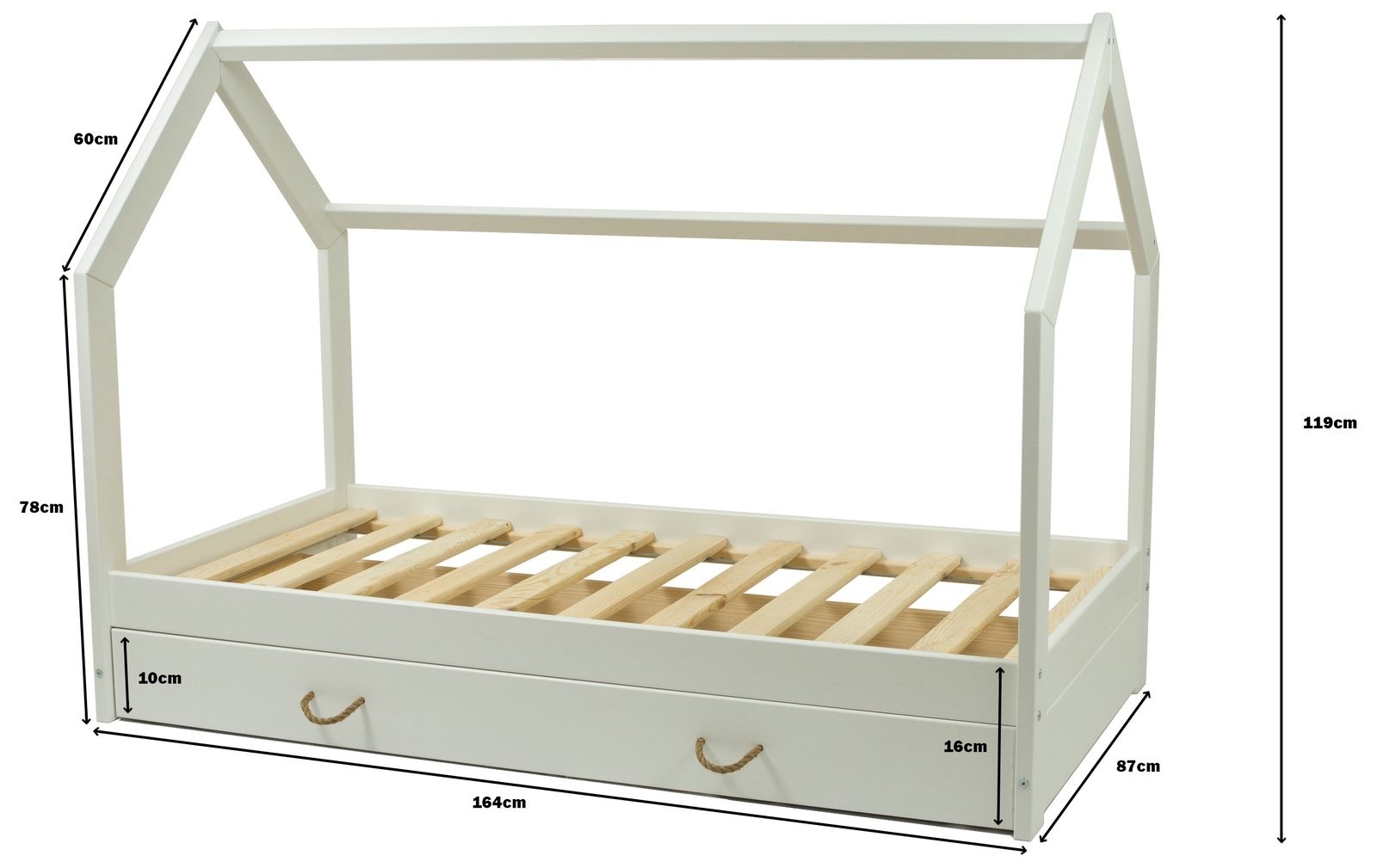 Massief houten kinderbed - Scandinavische stijl - huisbed - 160x80cm - wit