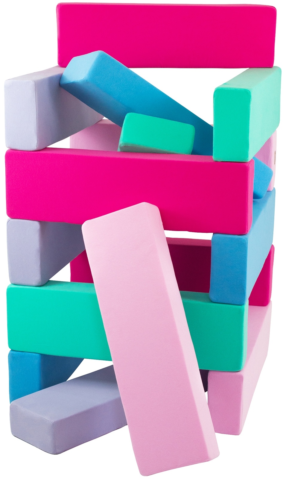 Jenga - 15 zachte speelblokken - blauw, roze, lichtroze, paars, turkoois