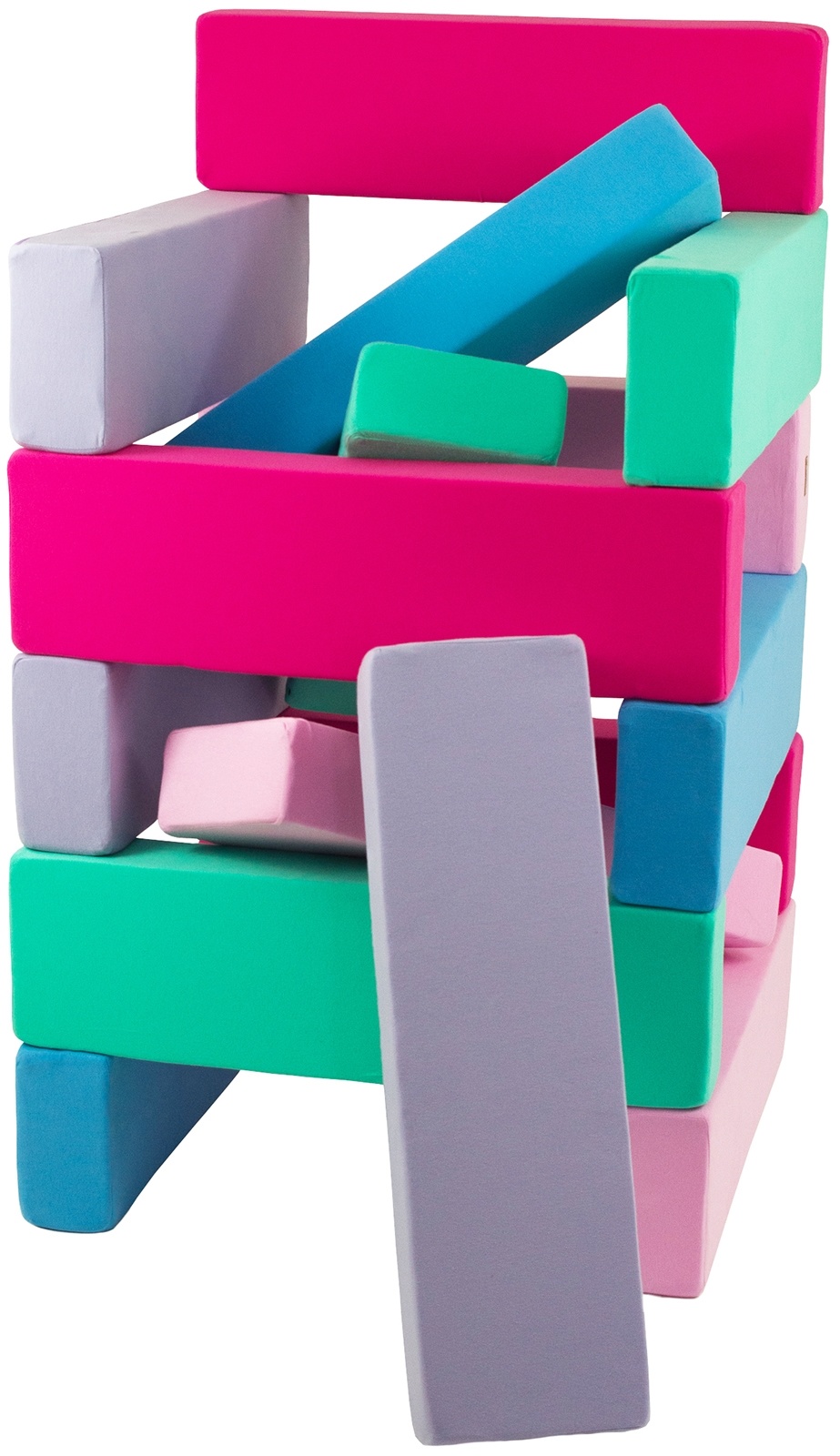 Jenga - 15 zachte speelblokken - blauw, roze, lichtroze, paars, turkoois