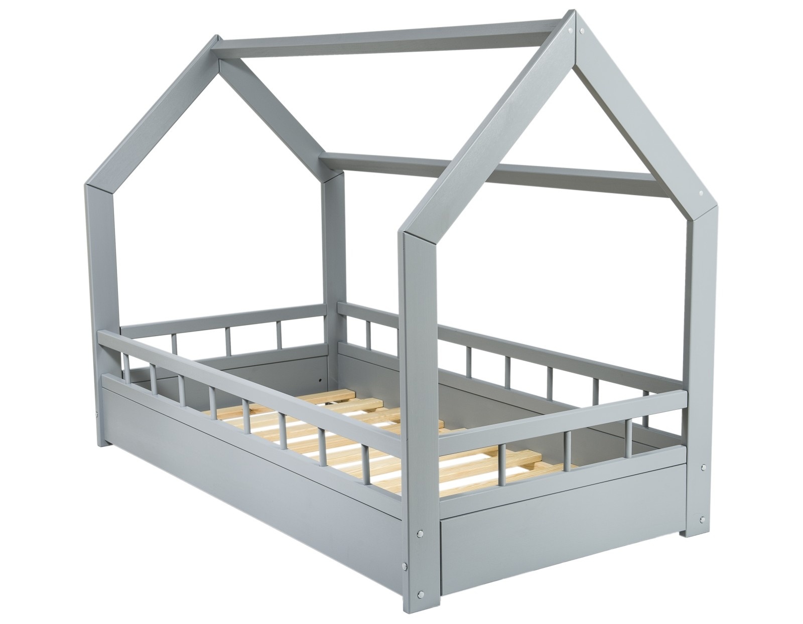 Houten kinderbed - huisbed - incl. premium matras - 160x80 - met barrierres - grijs