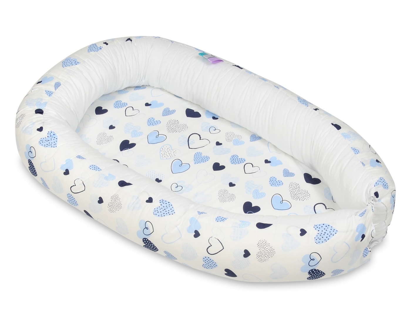 Babynest - baby nestje - 0-8 maanden - 100% katoen - 82x54cm - blauwe hartjes - wit