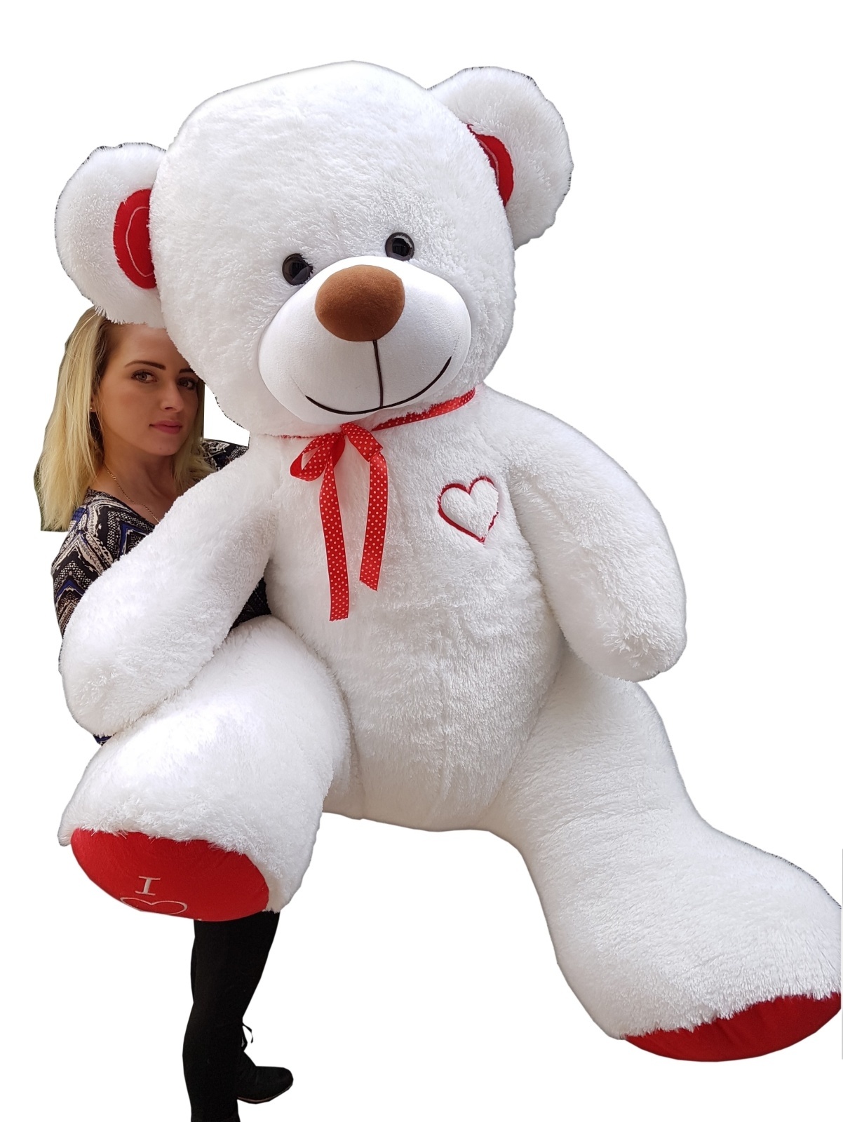 Gigantische grote teddybeer zachte knuffel - 105 x 85 cm - wit en rood-b
