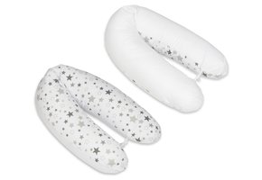 Voedingskussen - Zwangerschapskussen - 100% katoen - met koordjes - 145 cm - wit/grijze sterren op wit - wit