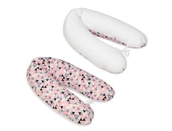 Voedingskussen - Zwangerschapskussen - 100% katoen - met koordjes - 145 cm - roze driehoekjes – wit