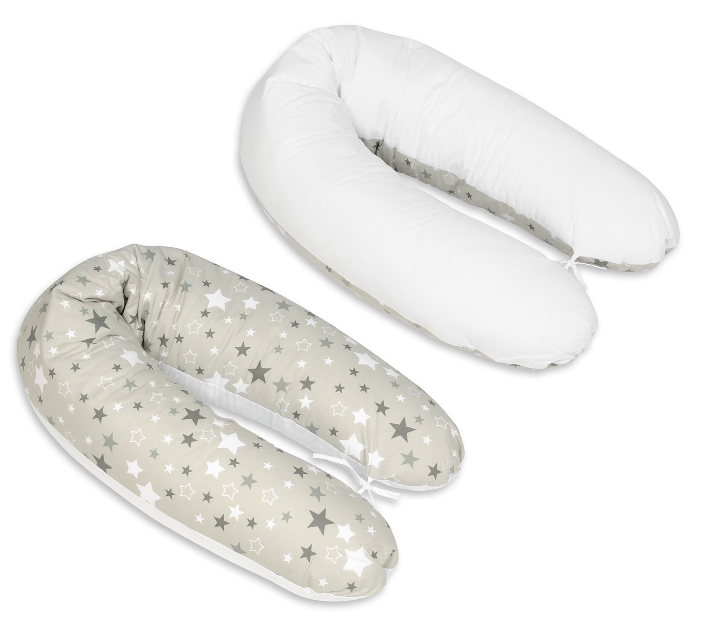 Voedingskussen - Zwangerschapskussen - 100% katoen - met koordjes - 145 cm - wit/grijze sterren op grijs - wit