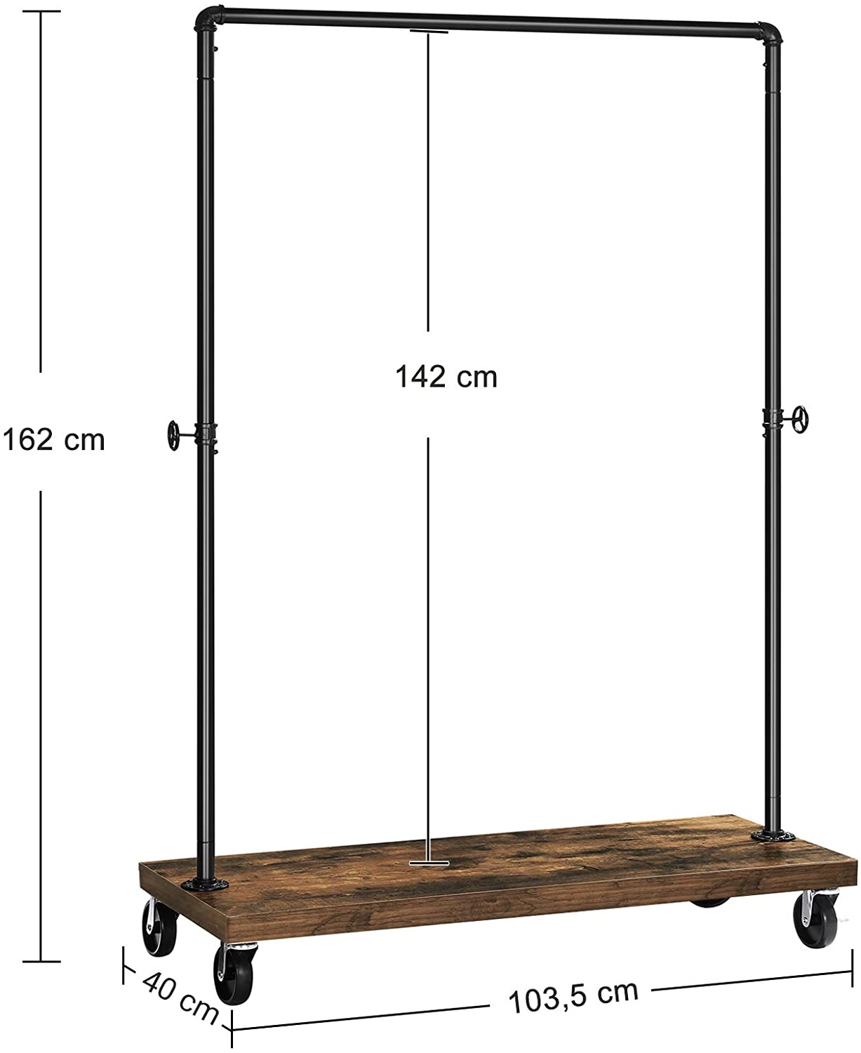 Kledingstang op wielen - tot 90 kg - industrieel ontwerp - 103 cm lengte