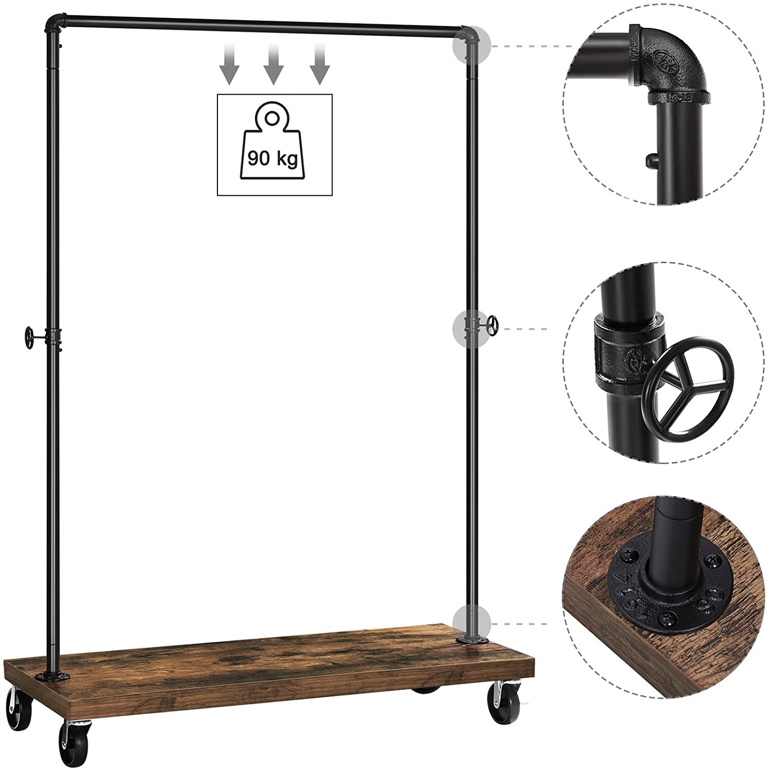 Kledingstang op wielen - tot 90 kg - industrieel ontwerp - 103 cm lengte