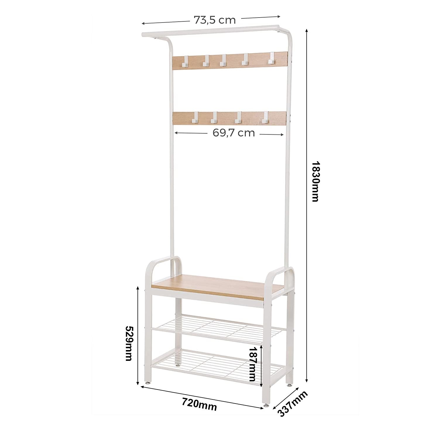 Kapstok met 9 afneembare haken - schoenenrek met zitting - 3 planken- hoogte 183 cm - metaal