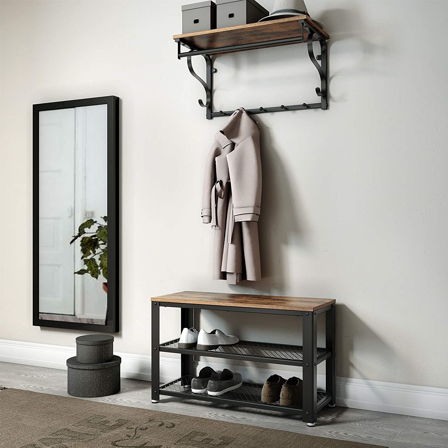 Schoenenrek met 2 legplanken vintage bruin-zwart - industrieel design